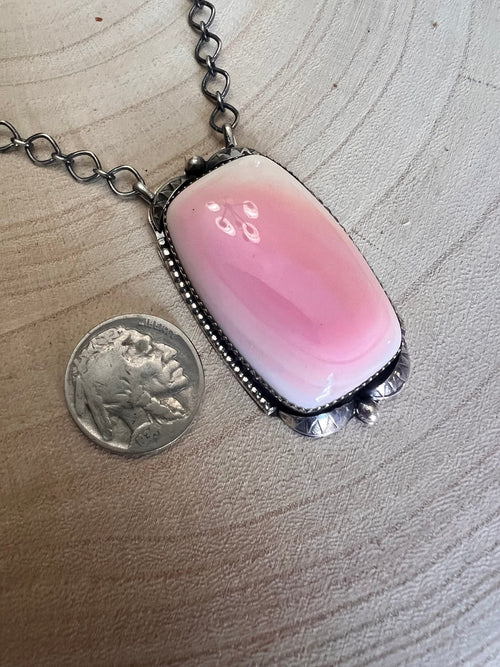 Large Pink Conch on Sterling Silver Necklace by Tia Long - 18 inch - Cowhide and Conchos