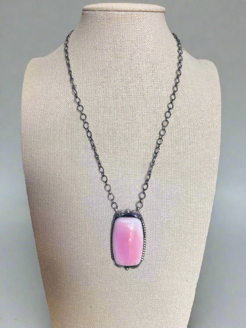 Large Pink Conch on Sterling Silver Necklace by Tia Long - 18 inch - Cowhide and Conchos