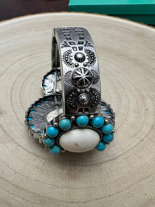 Large Western Faux Turquoise and White Buffalo Stretch Cuff Bracelet - Cowhide and Conchos