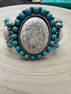 Large Western Faux Turquoise and White Buffalo Stretch Cuff Bracelet - Cowhide and Conchos