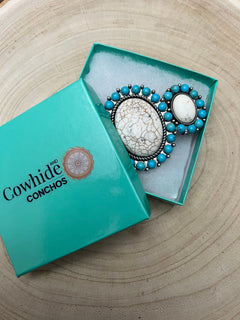 Large Western Faux Turquoise and White Buffalo Stretch Cuff Bracelet - Cowhide and Conchos