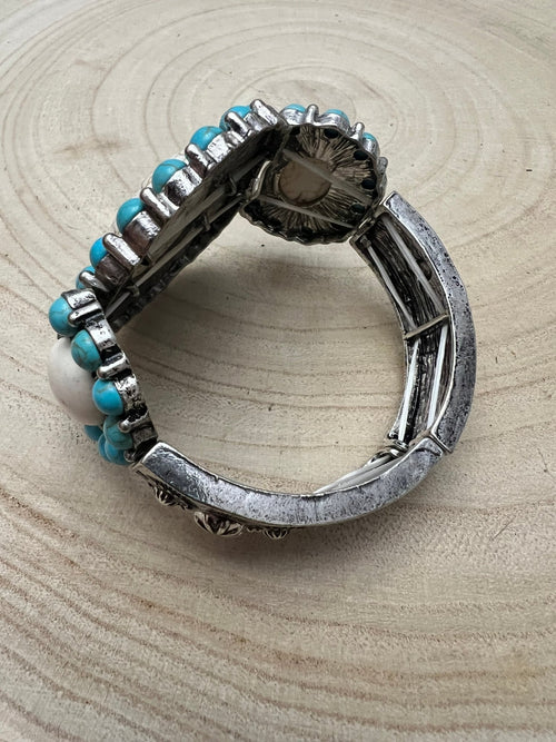 Large Western Faux Turquoise and White Buffalo Stretch Cuff Bracelet - Cowhide and Conchos