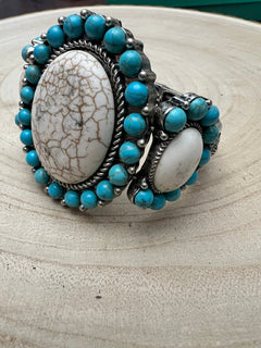 Large Western Faux Turquoise and White Buffalo Stretch Cuff Bracelet - Cowhide and Conchos