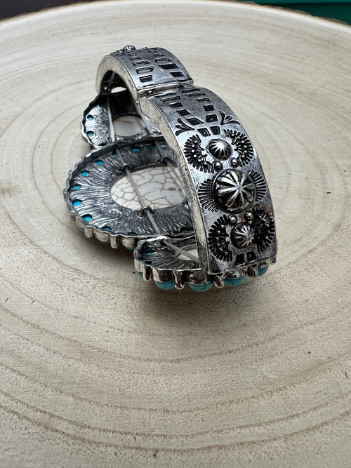 Large Western Faux Turquoise and White Buffalo Stretch Cuff Bracelet - Cowhide and Conchos