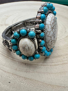 Large Western Faux Turquoise and White Buffalo Stretch Cuff Bracelet - Cowhide and Conchos