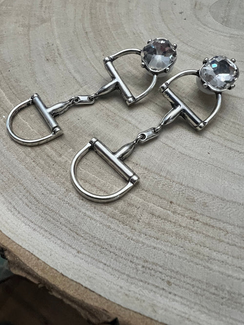 Large Western Horse Bit & Rhinestone Fashion Earrings - 3 inch drop! - Cowhide and Conchos