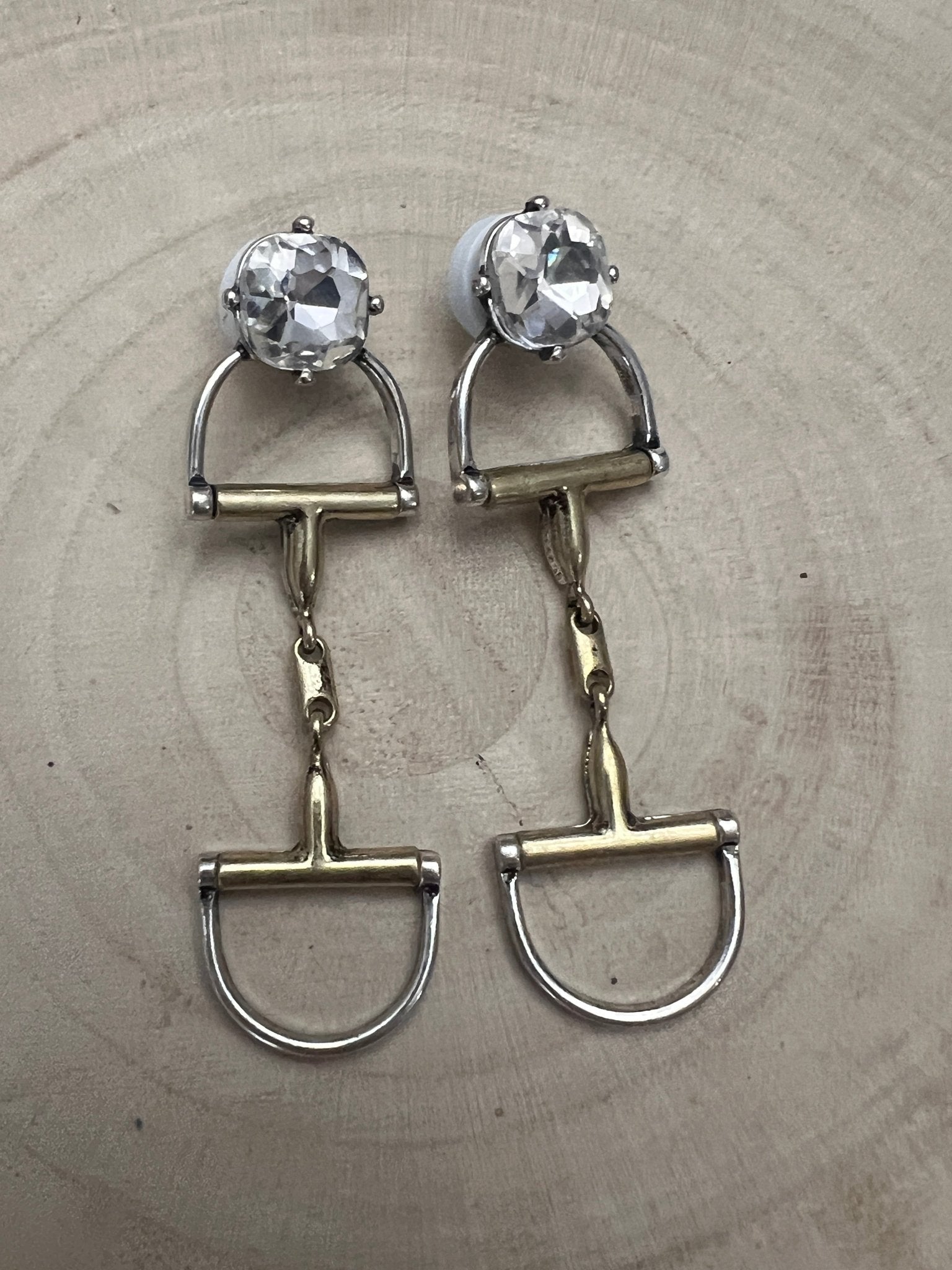 Large Western Horse Bit & Rhinestone Two Tone Earrings — 3" Statement Drop - Cowhide and Conchos
