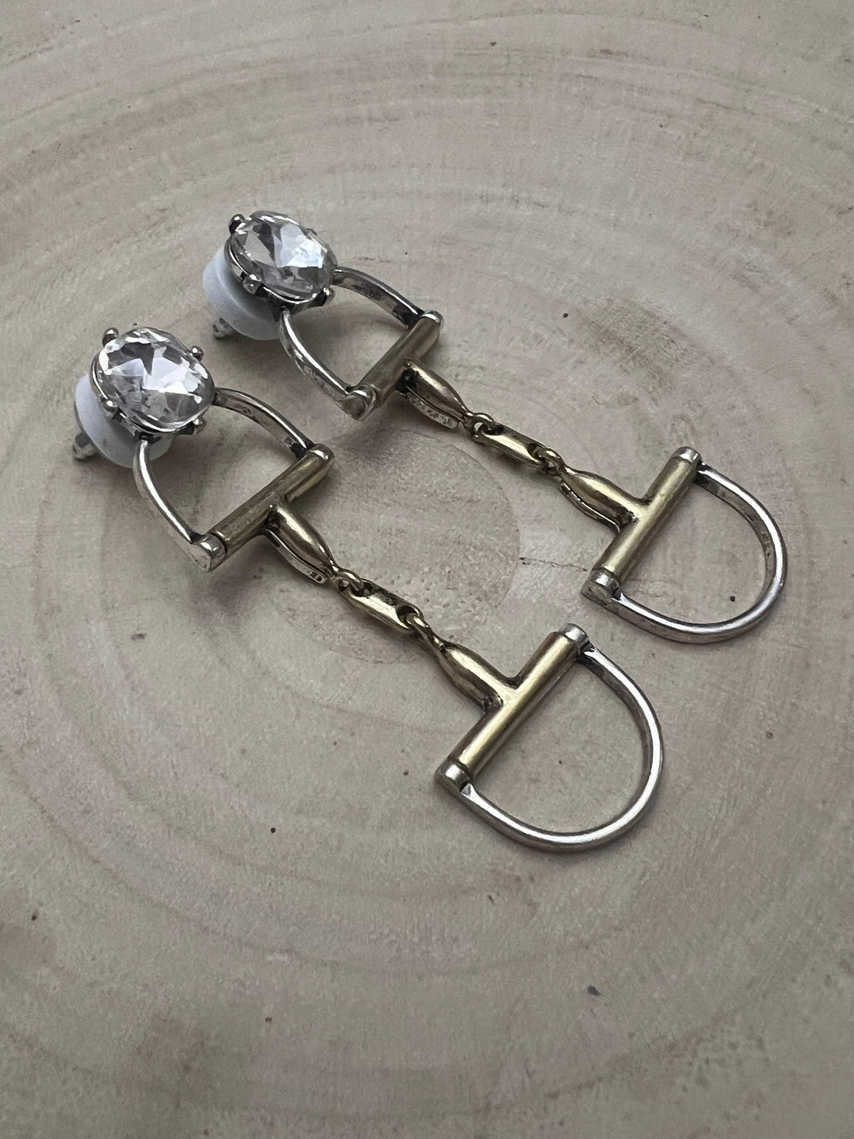 Large Western Horse Bit & Rhinestone Two Tone Earrings — 3" Statement Drop - Cowhide and Conchos