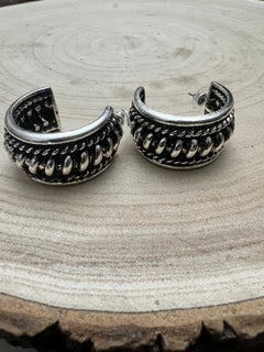 Large Western Twisted Wire Fashion Silver Hoop Earring - Cowhide and Conchos