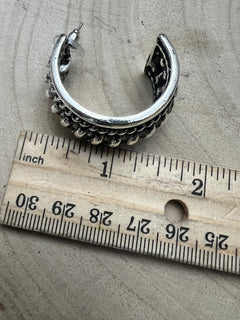 Large Western Twisted Wire Fashion Silver Hoop Earring - Cowhide and Conchos