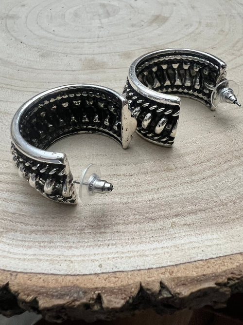 Large Western Twisted Wire Fashion Silver Hoop Earring - Cowhide and Conchos