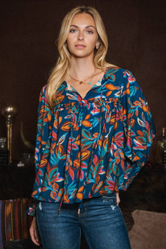 Leaf Printed Long Sleeve Blouse - Cowhide and Conchos