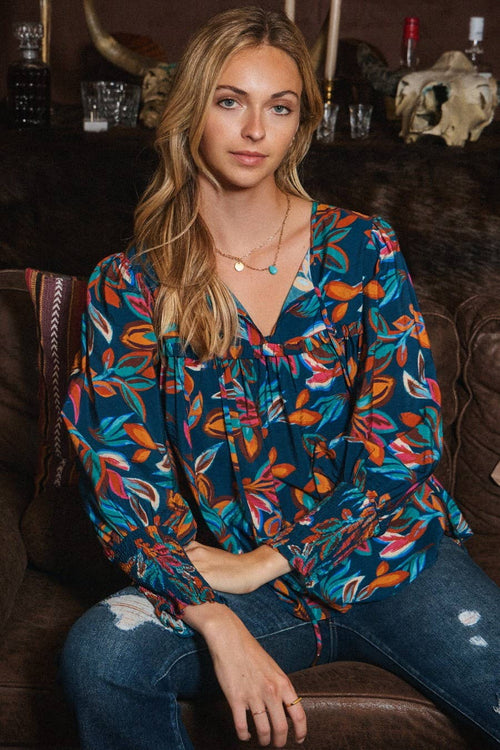 Leaf Printed Long Sleeve Blouse - Cowhide and Conchos