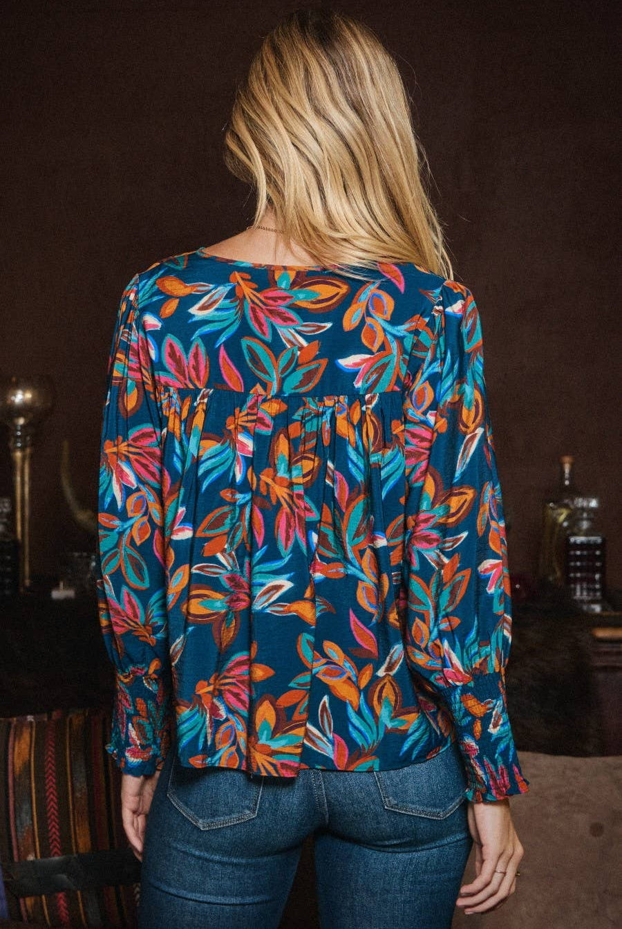 Leaf Printed Long Sleeve Blouse - Cowhide and Conchos