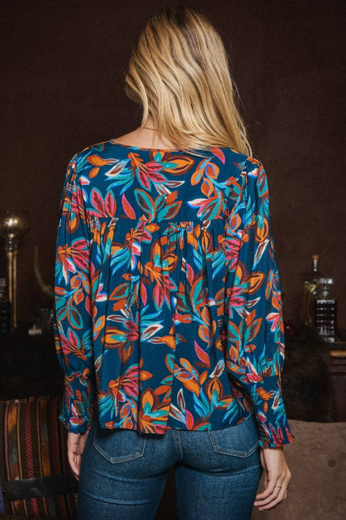 Leaf Printed Long Sleeve Blouse - Cowhide and Conchos