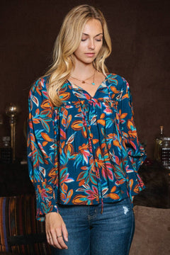 Leaf Printed Long Sleeve Blouse - Cowhide and Conchos
