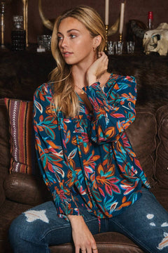 Leaf Printed Long Sleeve Blouse - Cowhide and Conchos