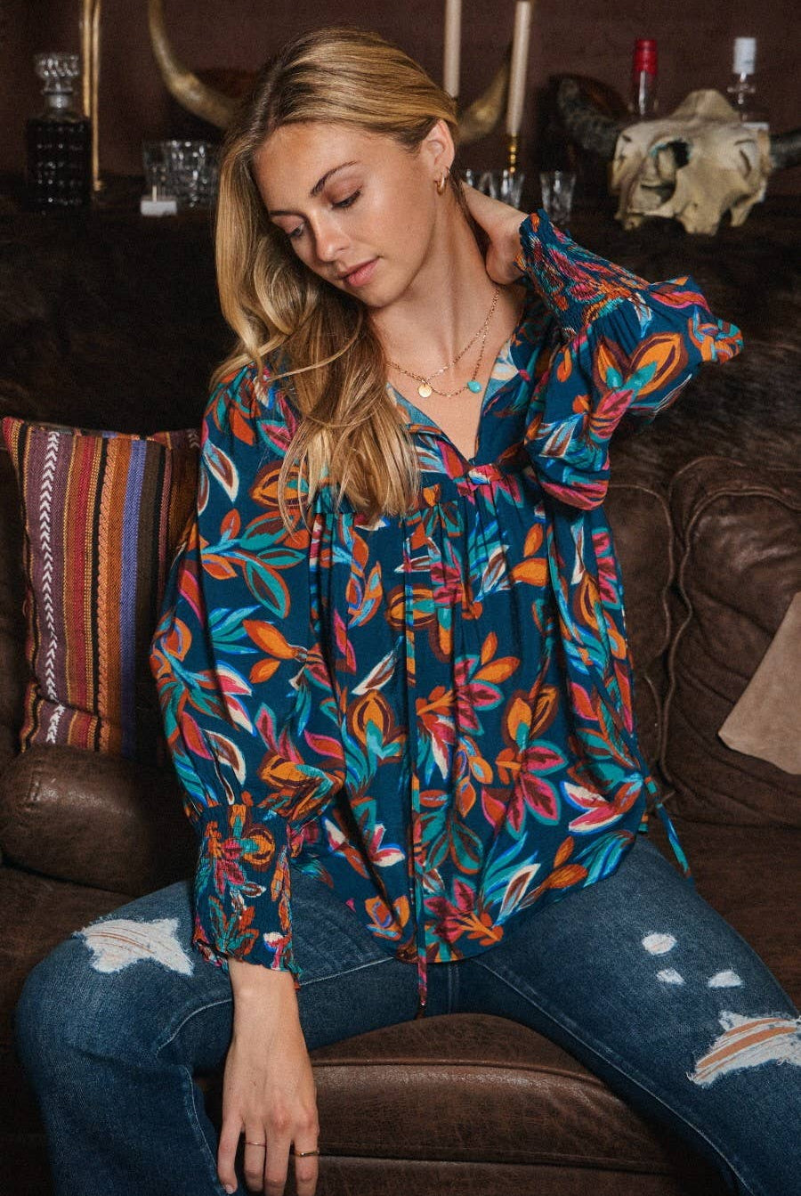 Leaf Printed Long Sleeve Blouse - Cowhide and Conchos