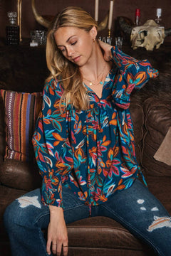 Leaf Printed Long Sleeve Blouse - Cowhide and Conchos