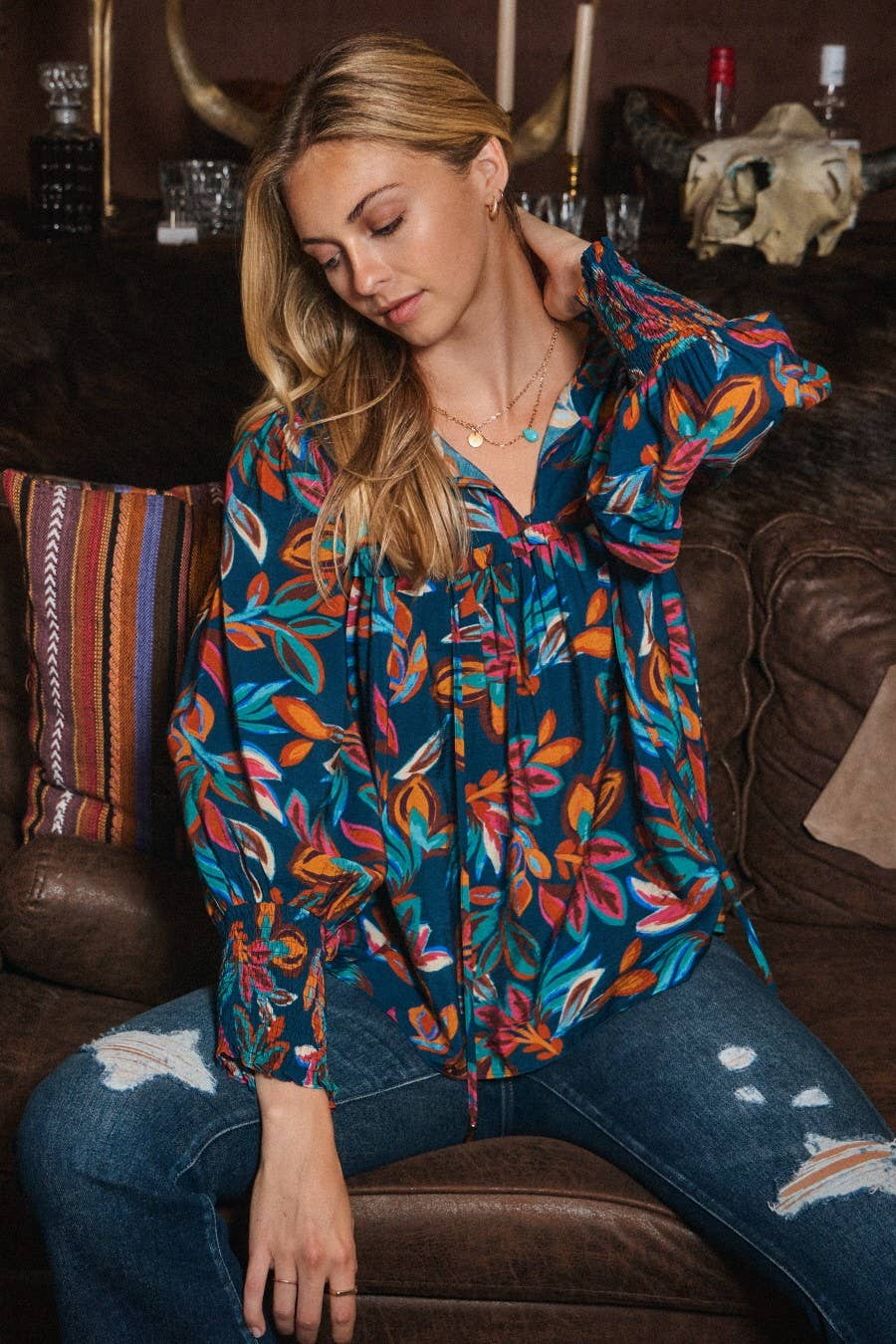 Leaf Printed Long Sleeve Blouse - Cowhide and Conchos