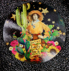 Legendry Round Glass Cutting Board/Charcuterie/Trivet - Cowhide and Conchos