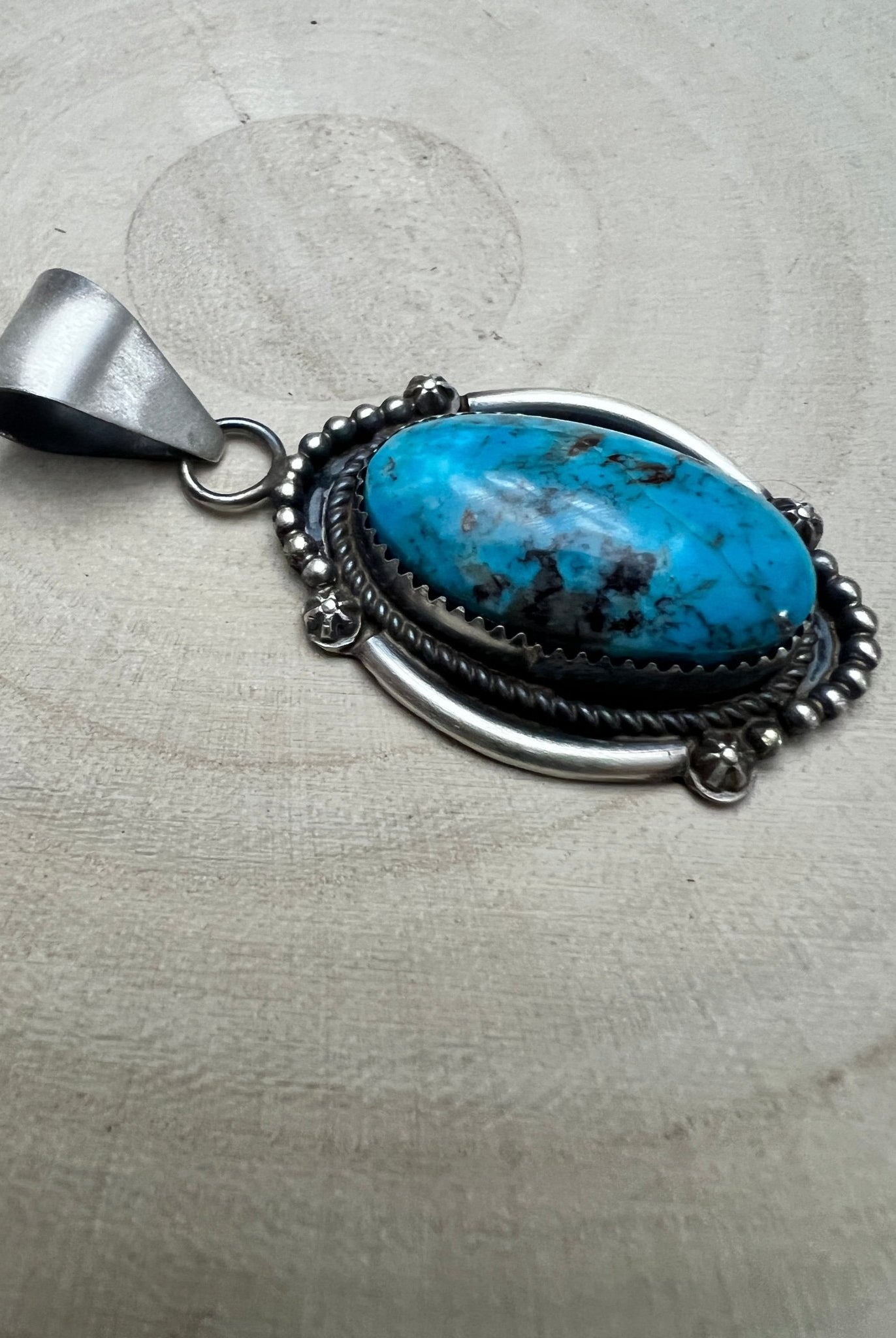 Leslie Nez Navajo Sterling Silver Pendant with Sonoran Rose Turquoise — 2 1/4" × 1" (Hallmarked, Heirloom) - Cowhide and Conchos