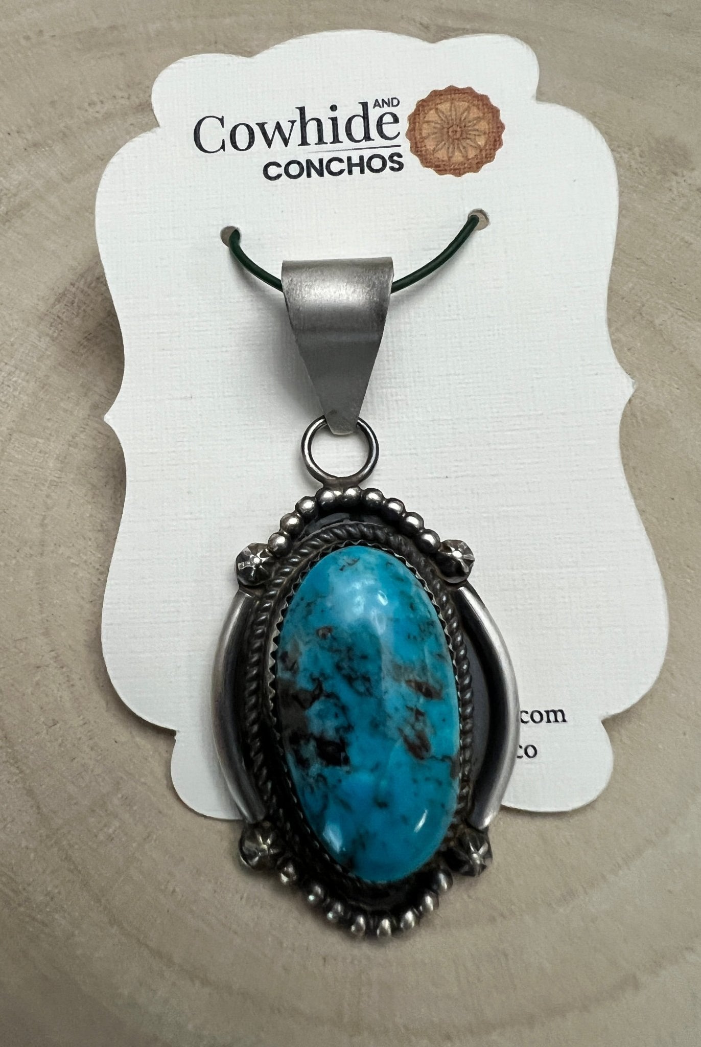 Leslie Nez Navajo Sterling Silver Pendant with Sonoran Rose Turquoise — 2 1/4" × 1" (Hallmarked, Heirloom) - Cowhide and Conchos