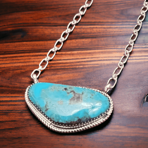 Leslie Nez Turquoise & Sterling Silver Necklace - Cowhide and Conchos