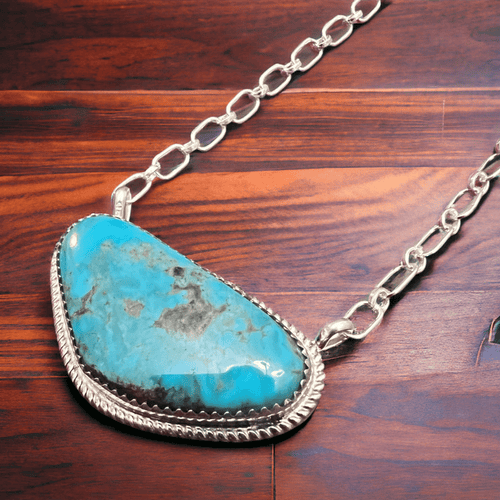 Leslie Nez Turquoise & Sterling Silver Necklace - Cowhide and Conchos