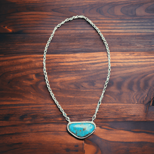 Leslie Nez Turquoise & Sterling Silver Necklace - Cowhide and Conchos