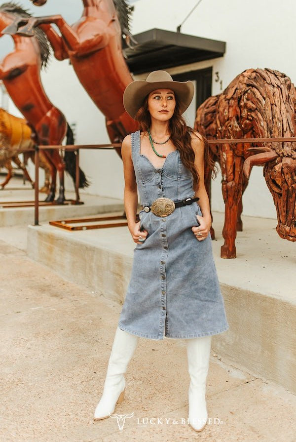 Light Wash Stretch Denim Strap Button Down Dress - Cowhide and Conchos