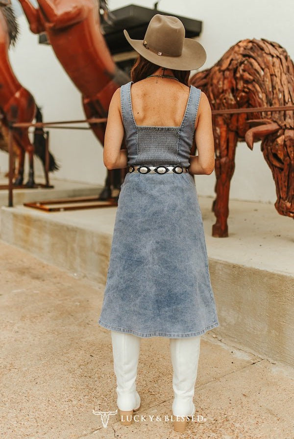 Light Wash Stretch Denim Strap Button Down Dress - Cowhide and Conchos