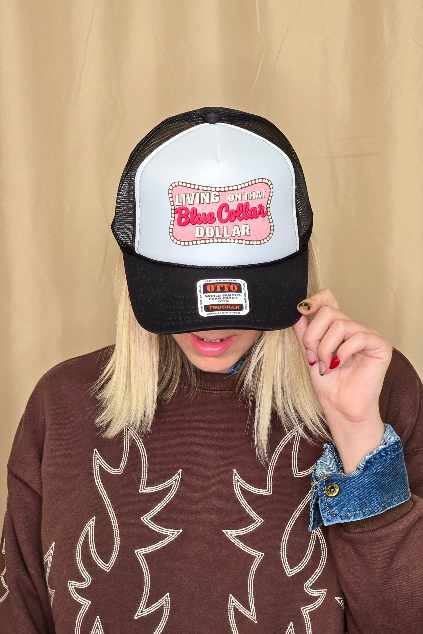 Living on That Blue Collar Dollar Trucker Hat - Cowhide and Conchos