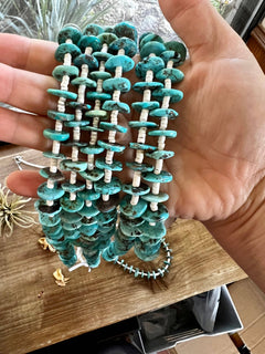 Long Blue Disk Turquoise Necklace - 26 inch - Cowhide and Conchos