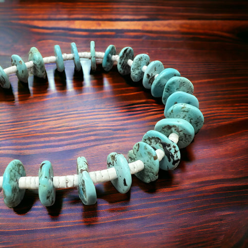 Long Blue Disk Turquoise Necklace - 26 inch - Cowhide and Conchos