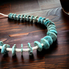 Long Blue Disk Turquoise Necklace - 26 inch - Cowhide and Conchos