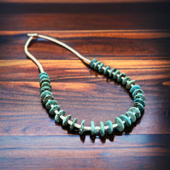 Long Blue Disk Turquoise Necklace - 26 inch - Cowhide and Conchos