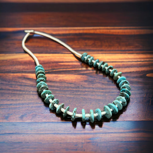 Long Blue Disk Turquoise Necklace - 26 inch - Cowhide and Conchos