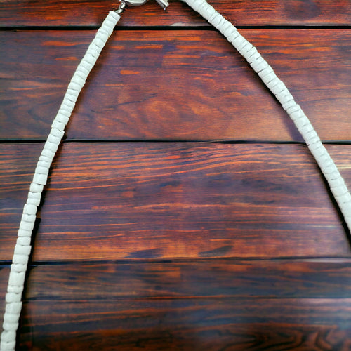 Long Blue Disk Turquoise Necklace - 26 inch - Cowhide and Conchos