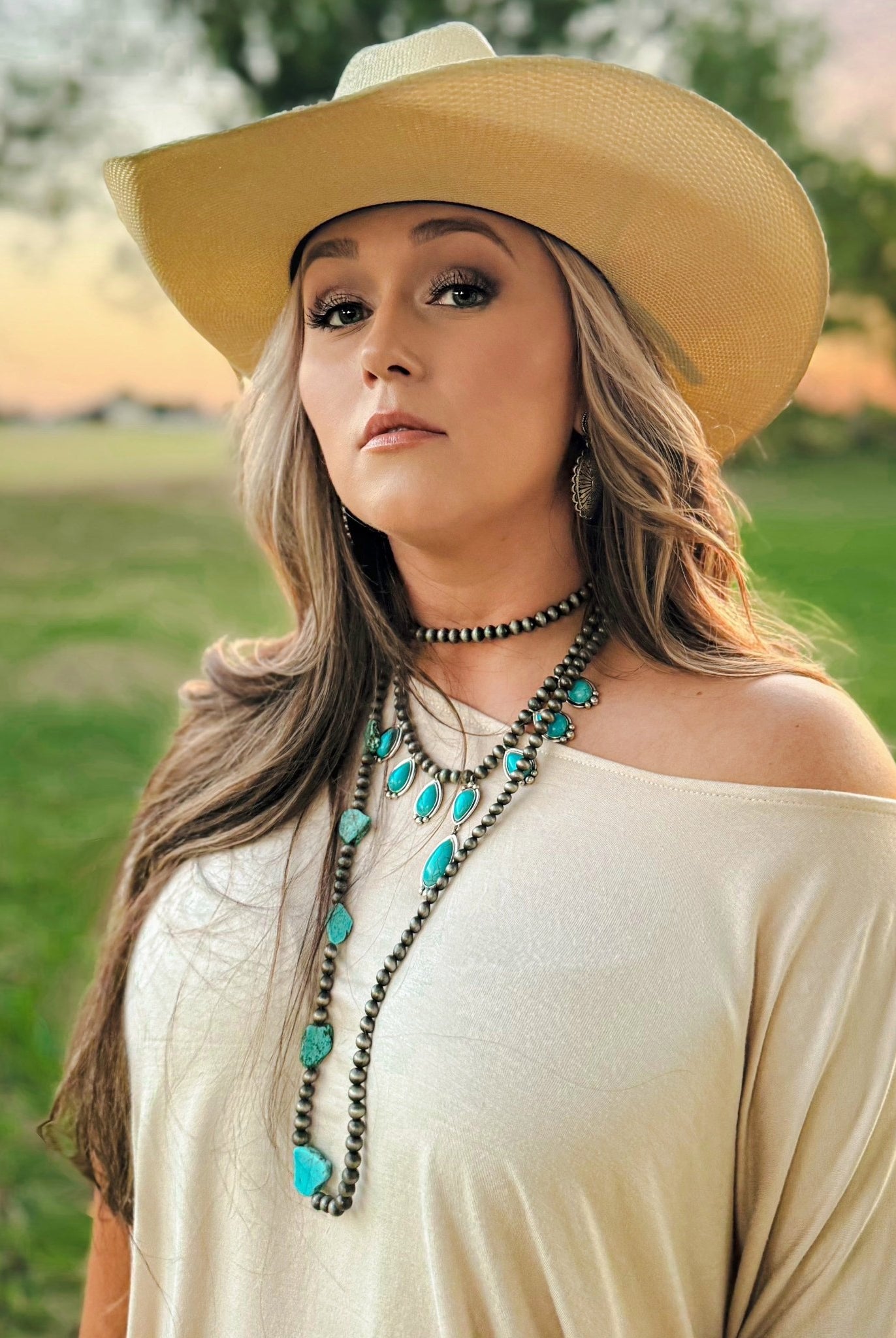 Long Faux Turquoise Nugget and Sterling Pearl Statement Necklace - 48 inch - Cowhide and Conchos