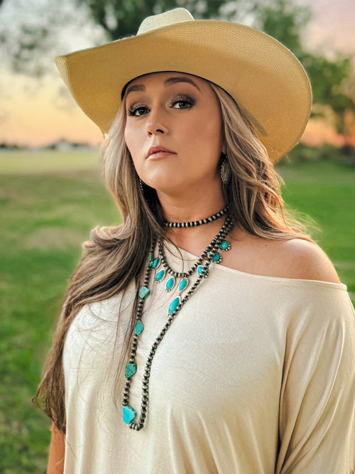 Long Faux Turquoise Nugget and Sterling Pearl Statement Necklace - 48 inch - Cowhide and Conchos