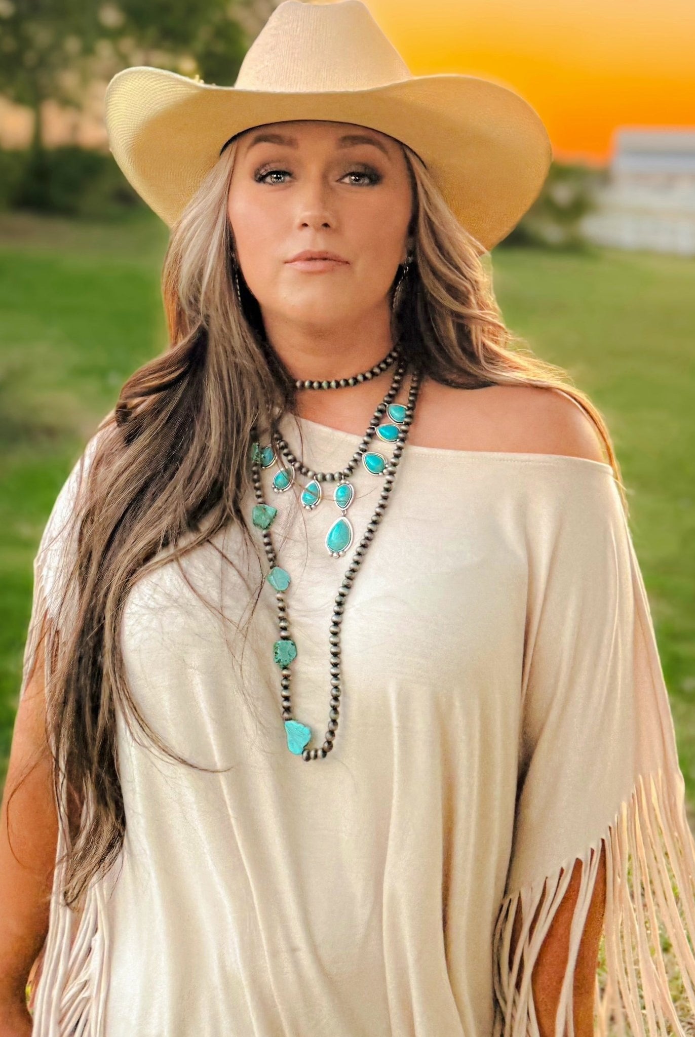 Long Faux Turquoise Nugget and Sterling Pearl Statement Necklace - 48 inch - Cowhide and Conchos