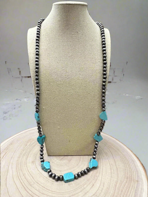 Long Faux Turquoise Nugget and Sterling Pearl Statement Necklace - 48 inch - Cowhide and Conchos