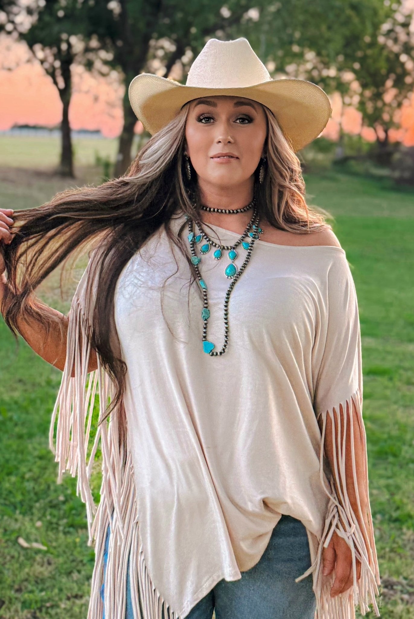 Long Faux Turquoise Nugget and Sterling Pearl Statement Necklace - 48 inch - Cowhide and Conchos