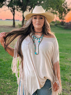 Long Faux Turquoise Nugget and Sterling Pearl Statement Necklace - 48 inch - Cowhide and Conchos