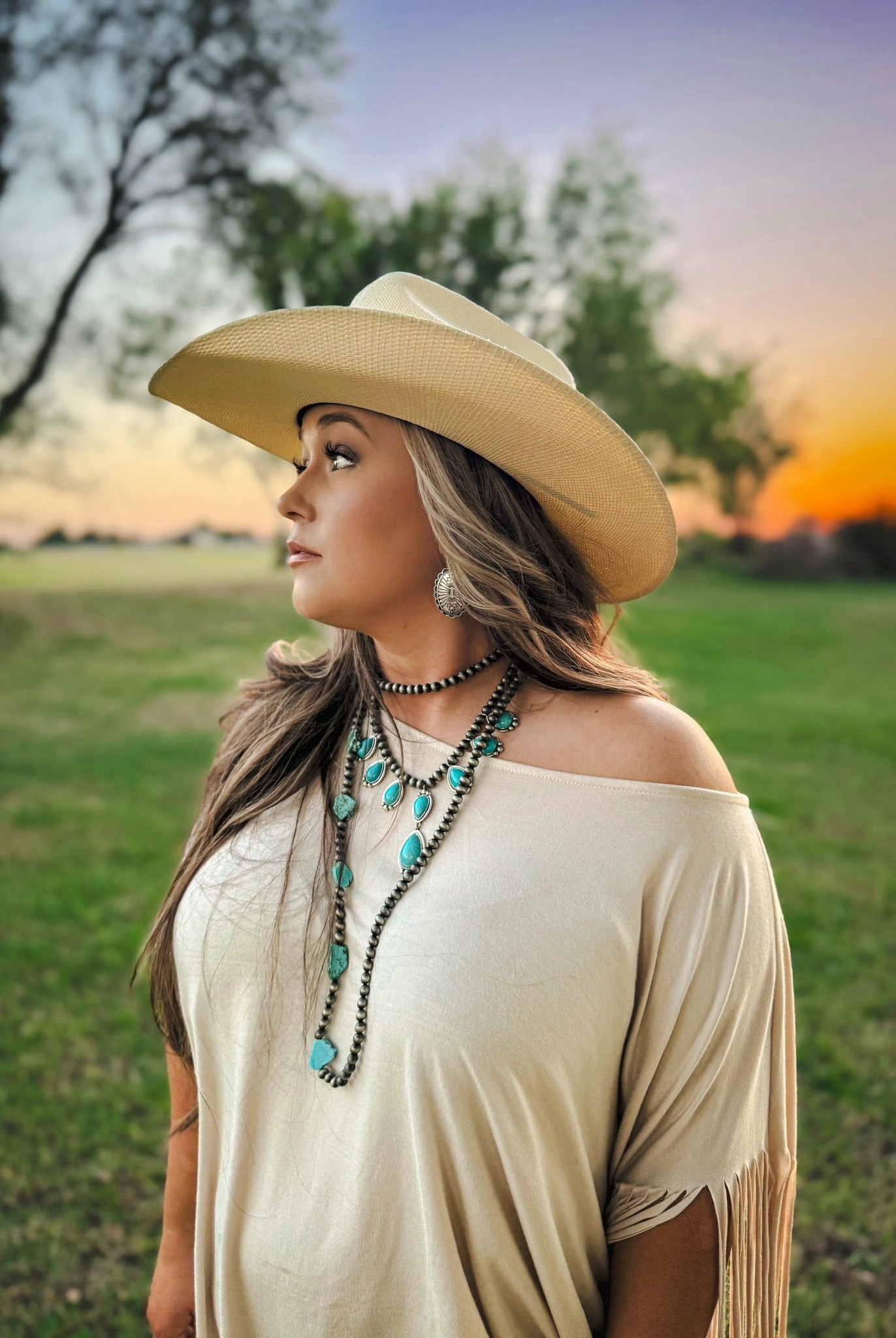 Long Faux Turquoise Nugget and Sterling Pearl Statement Necklace - 48 inch - Cowhide and Conchos
