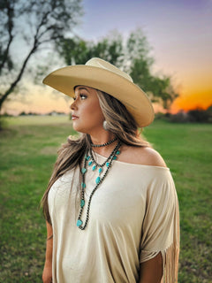 Long Faux Turquoise Nugget and Sterling Pearl Statement Necklace - 48 inch - Cowhide and Conchos