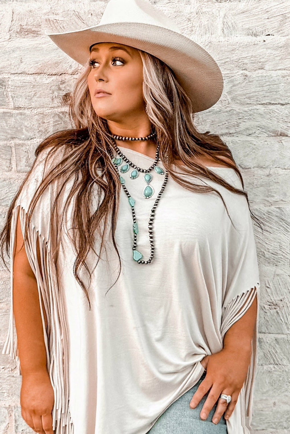 Long Faux Turquoise Nugget and Sterling Pearl Statement Necklace - 48 inch - Cowhide and Conchos