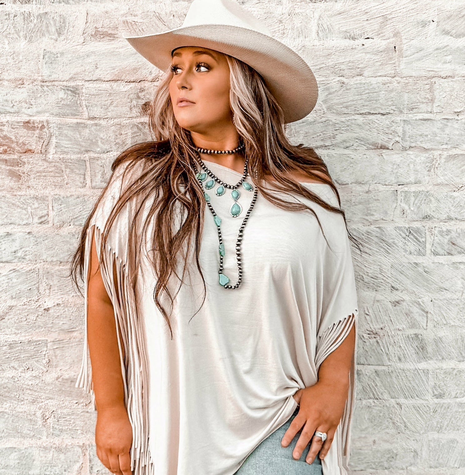 Long Faux Turquoise Nugget and Sterling Pearl Statement Necklace - 48 inch - Cowhide and Conchos