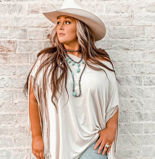 Long Faux Turquoise Nugget and Sterling Pearl Statement Necklace - 48 inch - Cowhide and Conchos